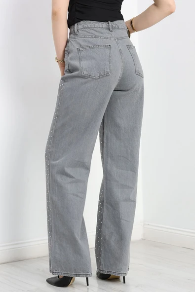 Taşlı Palazzo Kot Pantolon Gri - 7