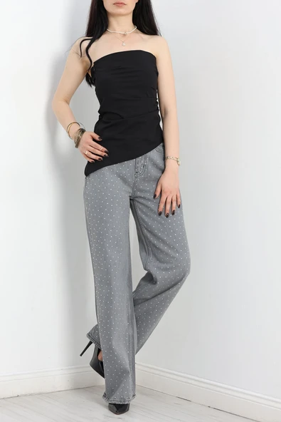 Taşlı Palazzo Kot Pantolon Gri - 2