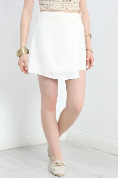 Düğmeli Keten Etek Ekru