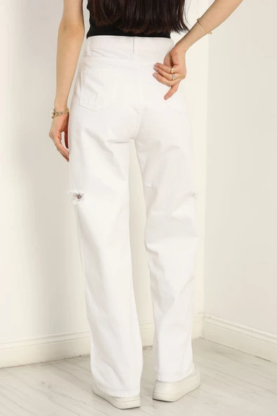 Lazer Kesim Palazzo Kot Pantolon Beyaz - 7