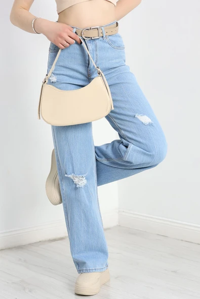 Lazer Kesim Palazzo Kot Pantolon Buzmavi - 3