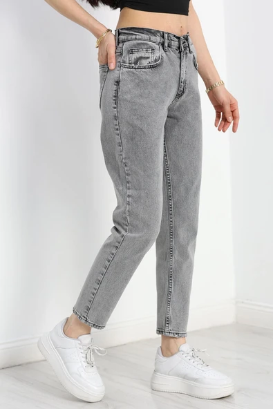 Yüksek Bel Kot Pantolon Gri - Resim 3