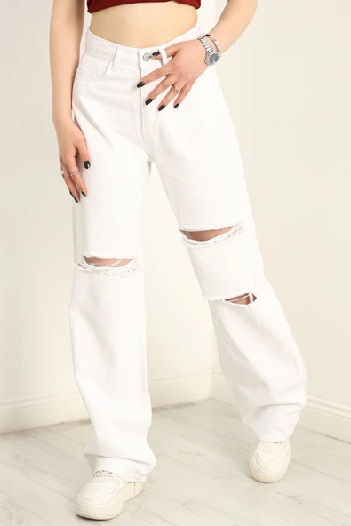 Lazer Kesim Palazzo Kot Pantolon Beyaz