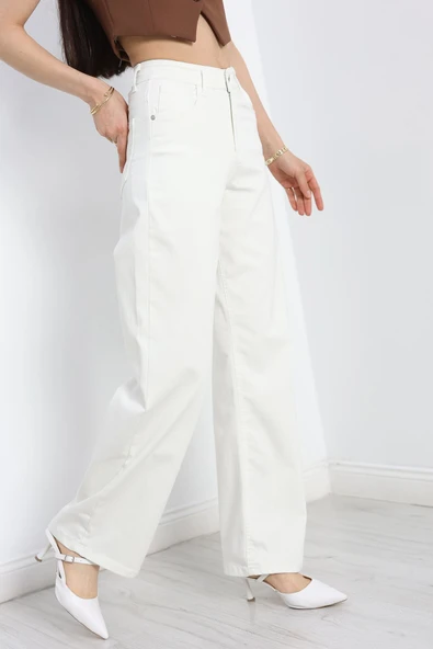 Likralı Palazzo Kot Pantolon Beyaz - Resim 5