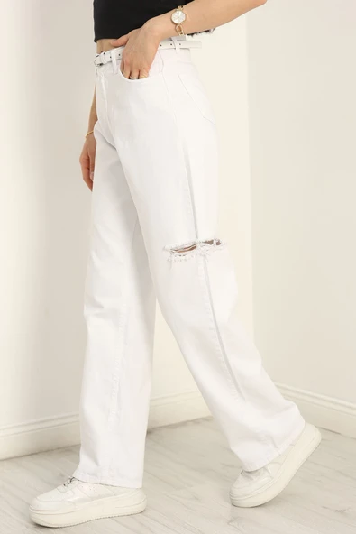 Lazer Kesim Palazzo Kot Pantolon Beyaz - 3