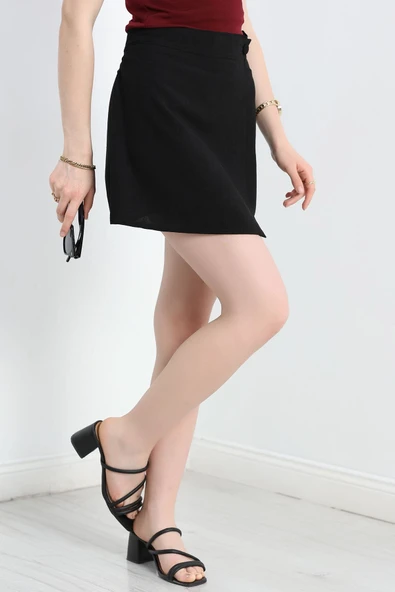 Düğmeli Keten Etek Siyah - Resim 3