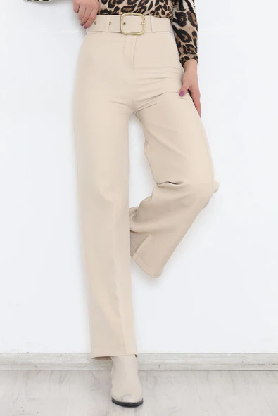 Kemerli Palazzo Pantolon Bej - Resim 4