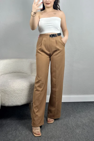 Double Kumaş Kemerli Palazzo Pantolon Sütlükahve ürün görseli