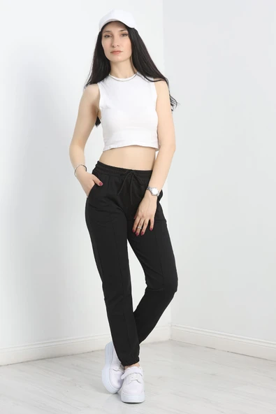 Paça Lastikli Çımalı Eşofman Altı Siyah