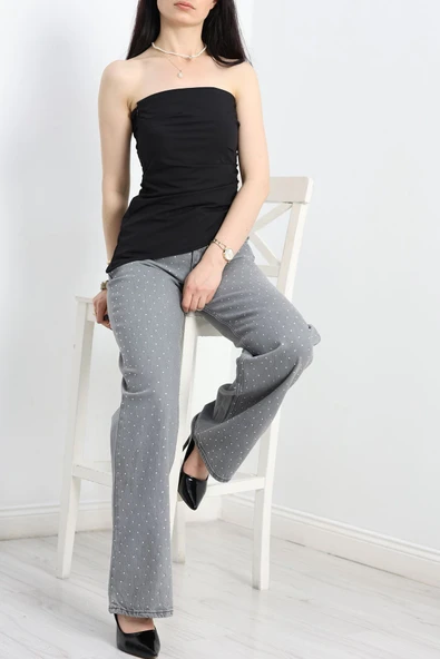 Taşlı Palazzo Kot Pantolon Gri - 4