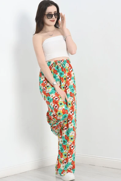 Desenli Viskon Pantolon Yeşilkırmızı - Resim 2