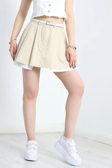Pileli Astarlı Mini Etek Bej - 5