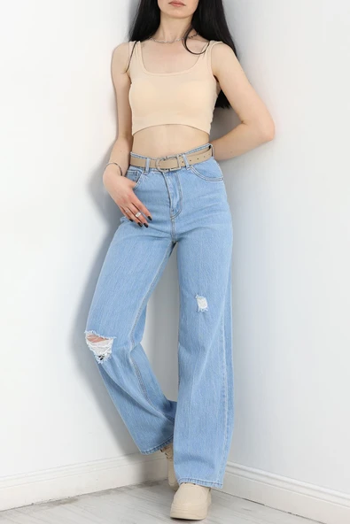 Lazer Kesim Palazzo Kot Pantolon Buzmavi - 2