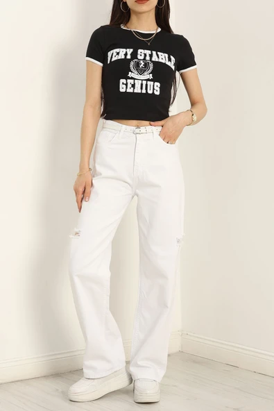 Lazer Kesim Palazzo Kot Pantolon Beyaz - 4