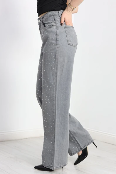Taşlı Palazzo Kot Pantolon Gri - 3