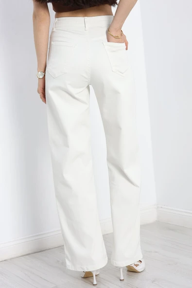 Likralı Palazzo Kot Pantolon Beyaz - Resim 7