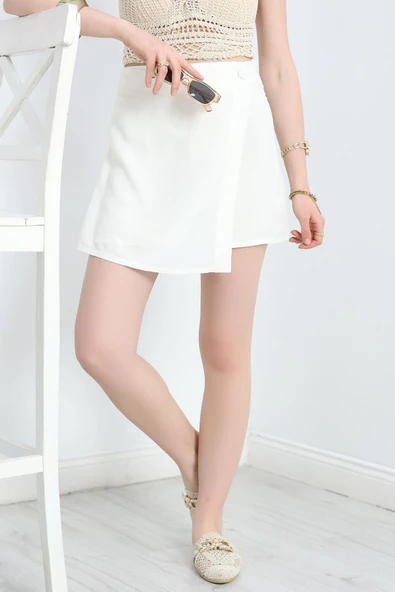 Düğmeli Keten Etek Ekru - 3