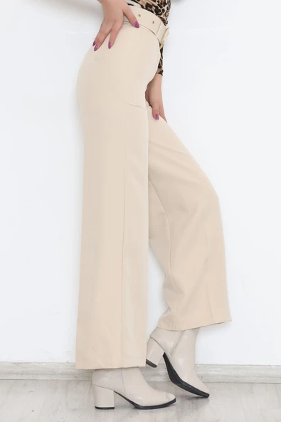 Kemerli Palazzo Pantolon Bej - Resim 2