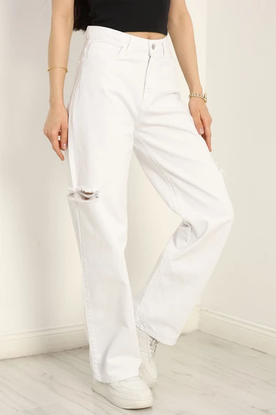 Lazer Kesim Palazzo Kot Pantolon Beyaz - 5