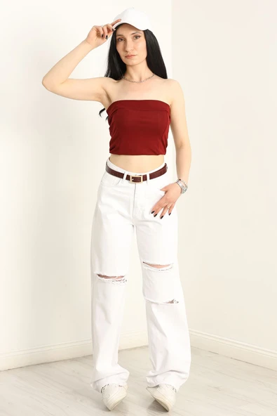 Lazer Kesim Palazzo Kot Pantolon Beyaz - 4