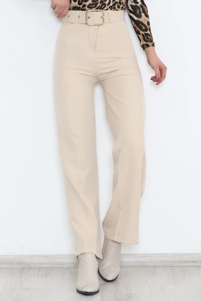 Kemerli Palazzo Pantolon Bej - Resim 5