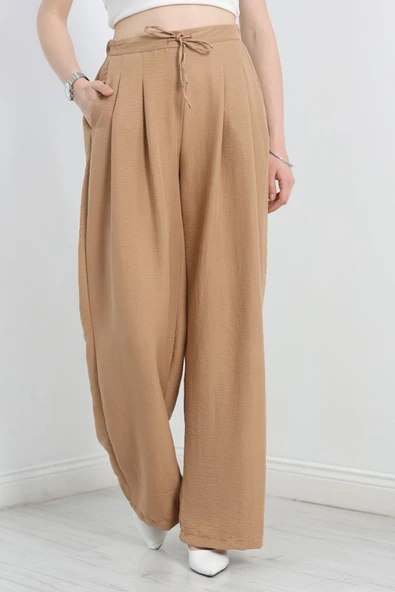 Beli Lastikli Bol Paça Pantolon Bej - 2