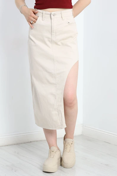 Yırtmaç Detaylı Kot Etek Taş