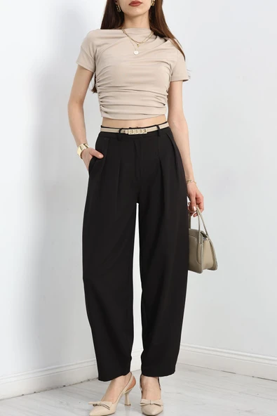 Pileli Bol Kesim Pantolon Siyah - 4