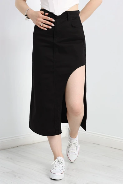 Yırtmaç Detaylı Kot Etek Siyah