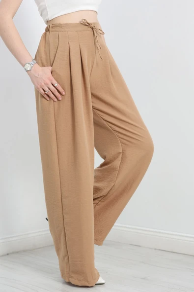 Beli Lastikli Bol Paça Pantolon Bej - 3