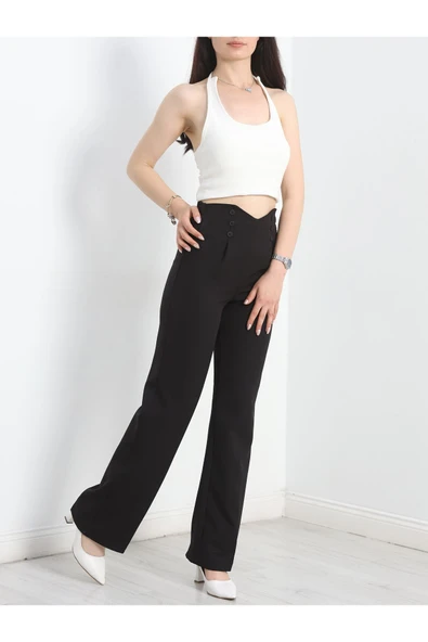 Düğme Detay Pileli Lastikli Pantolon Siyah - 3