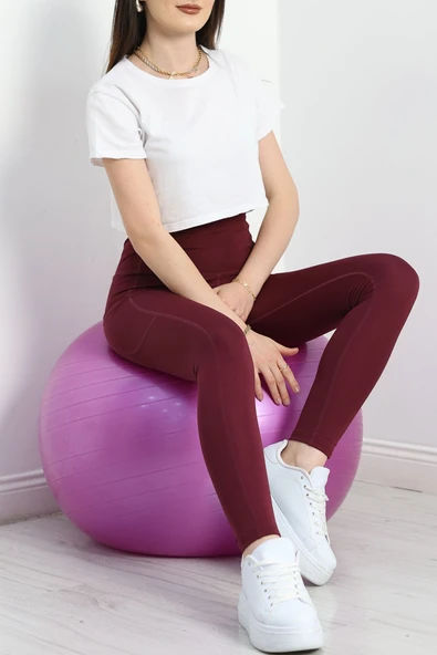 Look Dikişli Cep Detaylı Dalgıç Tayt Mürdüm - Resim 2