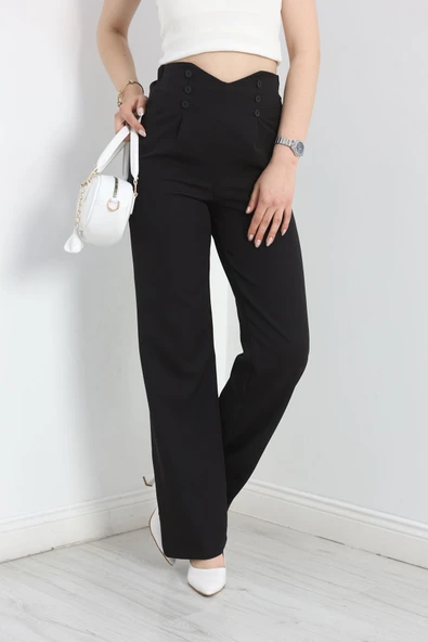 Düğme Detay Pileli Lastikli Pantolon Siyah - 4