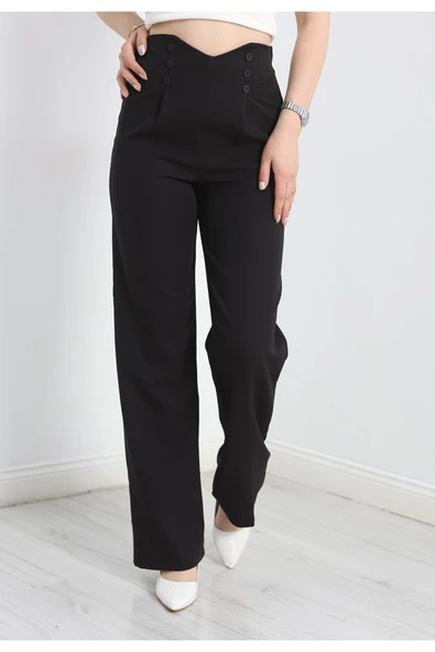 Düğme Detay Pileli Lastikli Pantolon Siyah