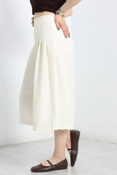 Pileli Bermuda Pantolon Ekru - 3