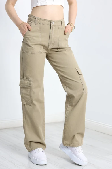 Kargo Cep Palazzo Kot Pantolon Haki