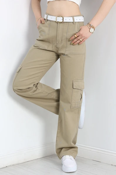 Kargo Cep Palazzo Kot Pantolon Haki - 5