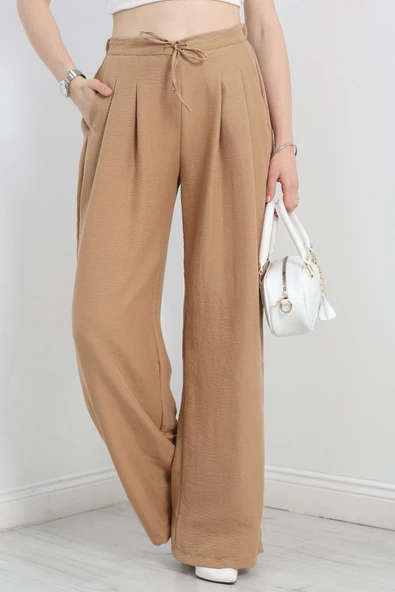 Beli Lastikli Bol Paça Pantolon Bej - 4