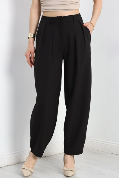 Pileli Bol Kesim Pantolon Siyah