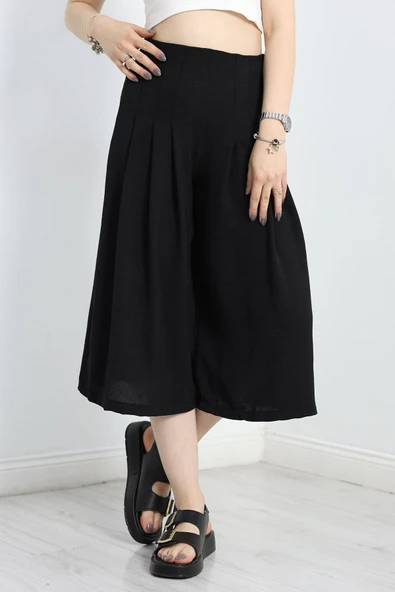 Pileli Bermuda Pantolon Siyah