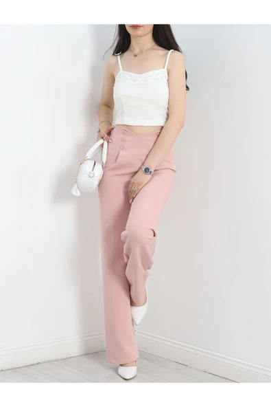 Düğme Detay Pileli Lastikli Pantolon Gülkurusu - Resim 5