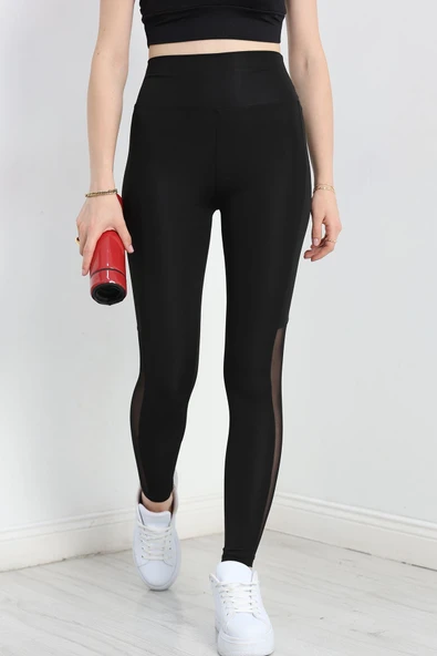 Tül Detaylı Dalgıç Tayt Siyah