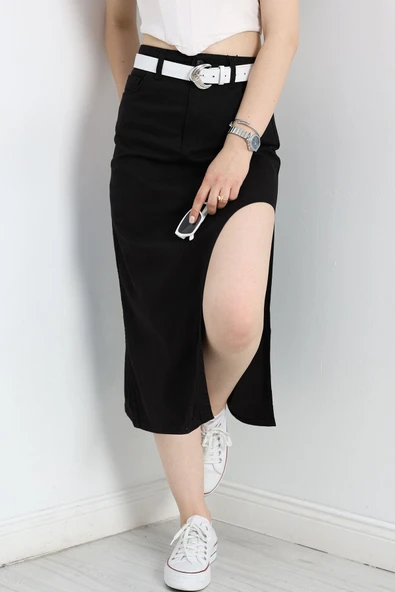 Yırtmaç Detaylı Kot Etek Siyah - 4