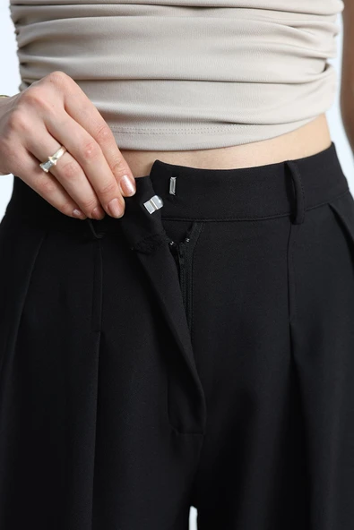 Pileli Bol Kesim Pantolon Siyah - 6