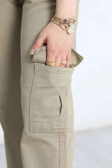 Kargo Cep Palazzo Kot Pantolon Haki - 6