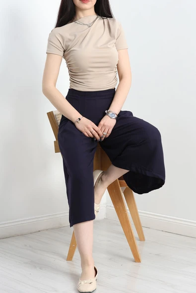 Pileli Bermuda Pantolon Lacivert - 5