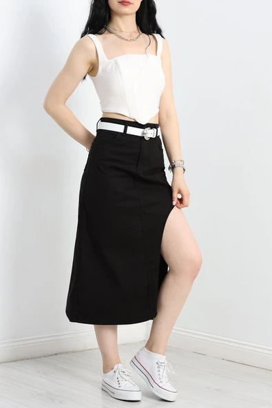 Yırtmaç Detaylı Kot Etek Siyah - 3