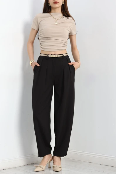 Pileli Bol Kesim Pantolon Siyah - 3