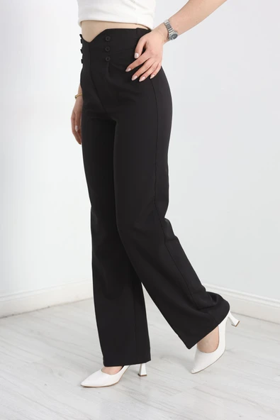 Düğme Detay Pileli Lastikli Pantolon Siyah - 2