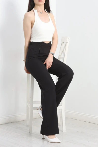 Düğme Detay Pileli Lastikli Pantolon Siyah - 5